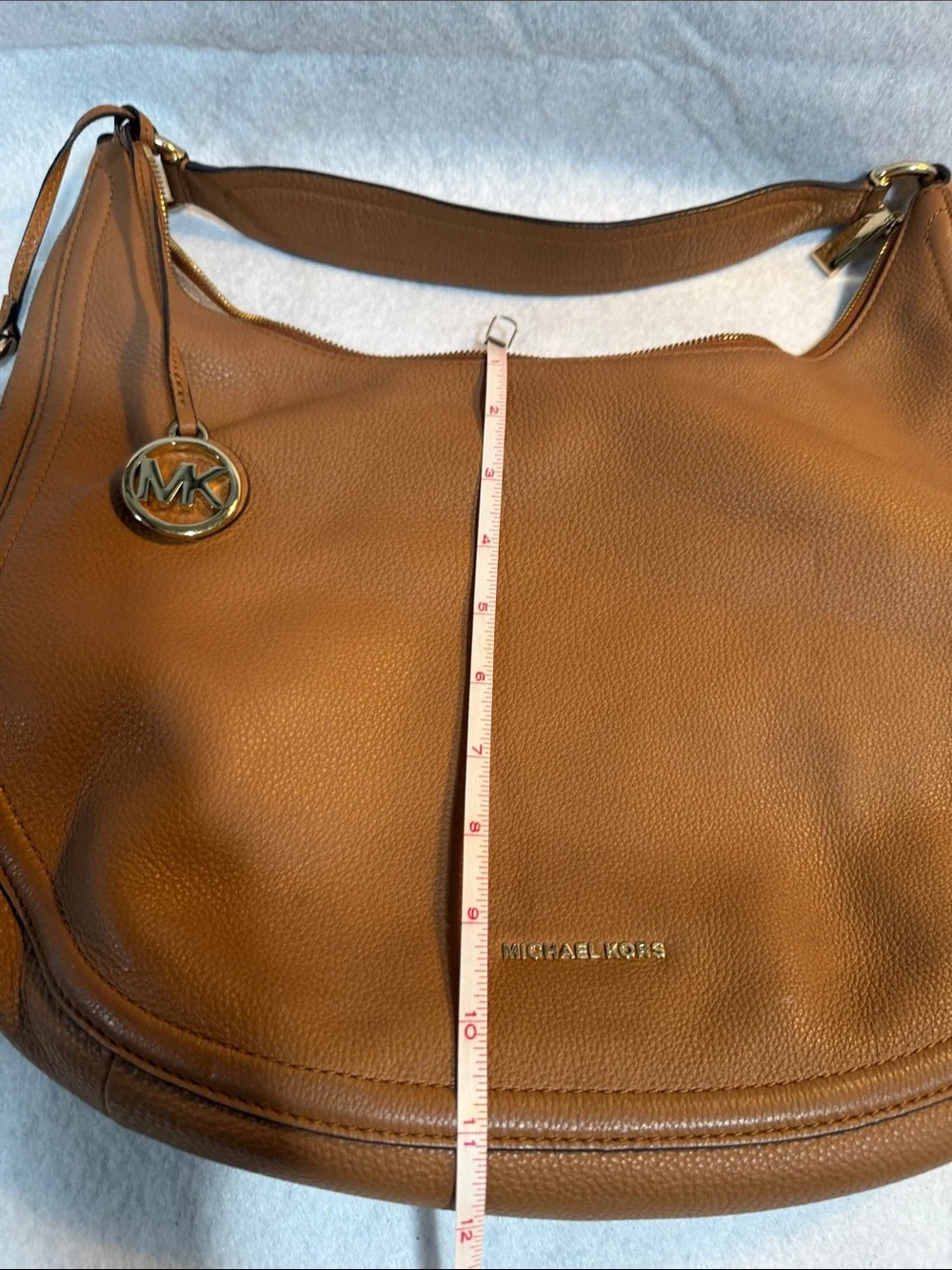 Michael Kors Tan Leather Hobo with Gold MK Charm